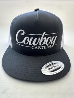 Cowboy cartel, embroidered, grey  and white flat bill snapback Brand New Flat Bill Hats, White Flat, White Flats, Western Wear, Trucker Cap, Grey And White, Caps Hats, Accessories Hats, Cowboy