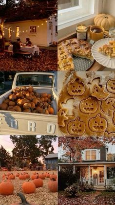 there are many pumpkins and other things in this collage