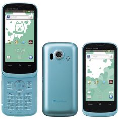 three cell phones are shown side by side, one is blue and the other is green