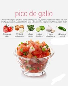 a bowl filled with sliced tomatoes and onions next to an info sheet about how to use pico de gallo