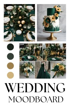 a green and gold wedding mood board