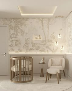 a baby's room with a chair, crib and wallpaper