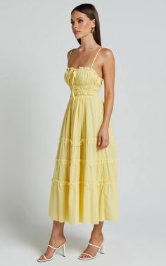 Schiffer Midi Dress - Strappy Ruched Tie Front Tiered Dress in Yellow