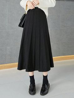 Solid Pleated Knit Skirt Black Casual   Knitwear Plain  Slight Stretch  Women Clothing, size features are:Bust: ,Length: ,Sleeve Length: Clothes Clips, Pleated Knit, Grey Colour Suit, Womens Pleated Skirt, Casual Knitwear, Fleece Tights, Silk Stockings, Kids Sleepwear, Knit Skirt