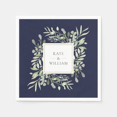 a square paper napkin with the words kate and william printed on it in white lettering