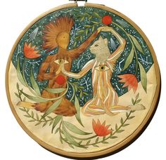 a painting on a wall with animals and flowers in it's frame, depicting two people dancing