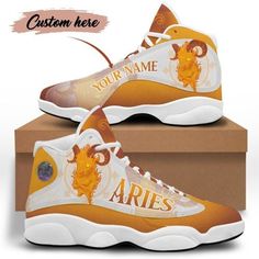 🐣. Offer Xtras! zodiac sign aries personalized high top men women sneakers, yellow custom shoes, gift for him, gift for her for €150.0 #AstrologySignShoes #CustomSneakers #WomenShoes #TennisShoes #WomenTrainers #BasketShoes #PersonalizedShoes #HighTopShoes #MenShoes #ZodiacAriesShoes Personalized Sneakers, Jordan 13 Shoes, Zodiac Sign Aries, Soul Shoes, May Birthday, Personalized T Shirt, Zodiac Signs Aries, Personalized Shoes, Roshe Run