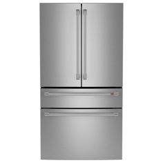 a stainless steel refrigerator freezer with two doors and one drawer on the bottom, in front of a white background