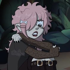 a cartoon character with pink hair holding a snake wrapped around her arm and looking at the camera