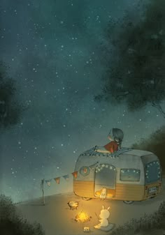 an illustration of a camper with its lights on and people sitting around the campfire