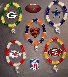 six bracelets with different nfl logos on them, all made out of glass beads