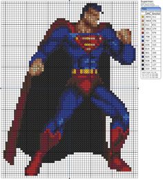 a cross stitch pattern of a superman in blue and red with his arms stretched out