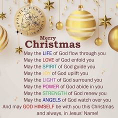 a christmas card with ornaments and the words merry christmas