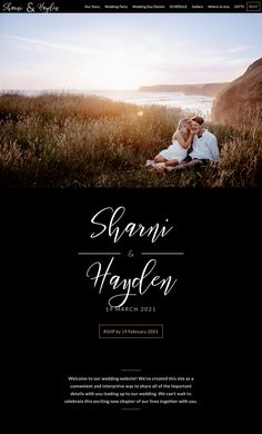 an image of a couple sitting in the grass with the sun setting behind them and text that reads, shani & harlen