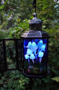 a lantern hanging from a tree filled with blue mushrooms