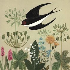 an illustration of a bird flying over flowers and plants