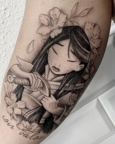 Mulan Sleeve Tattoo, Disney Tattoos Mulan, Mulan Inspired Tattoos, Valor Tattoo, Mulan Tattoo Ideas, Mulan Tattoo, Cartoon Tattoo Ideas, Disney Sleeve Tattoos, Outer Forearm Tattoo