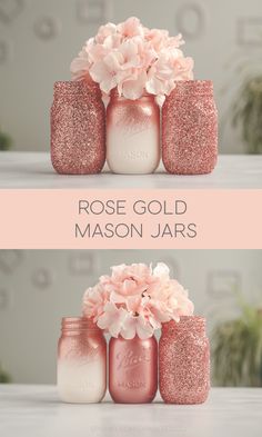 pink and white mason jars with flowers in them are shown on the same table top