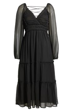 Bewitch the room in a chiffon dress set with sheer sleeves and an open back. 52" length Hidden side-zip closure Surplice V-neck Long sleeves with elastic cuffs Partially lined 100% polyester Dry clean or hand wash, dry flat Imported Black Chiffon Dress With Sheer Sleeves, Sheer Black Chiffon Dress, Black Sheer Chiffon Dress, Chiffon Midi Dress, Chiffon Long Sleeve, Dress Set, Sheer Sleeves, The Room, Black Midi Dress