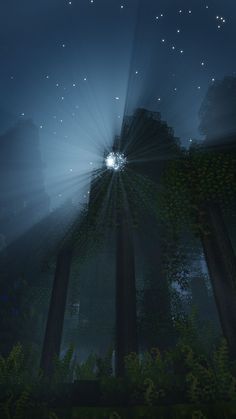 the light shines brightly through the trees in this screenshot from minecraft's video game