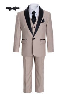 Choose this Boys' Fit Slim Fit Shawl Collar Tuxedo Seven Pieces Set by Magen Kids for a festive occasion. Included items are a tuxedo jacket, dress pants, vest, dress shirt, an adjustable satin bow tie, a satin tie, and a satin pocket square. Tuxedo comes in black color for an elegant and distinctive look. Suitable for any formal event, such a church service, communion, birthday, or holiday. Get your young man all the accessories he requires for his forthcoming event so he can appear sharp! Shawl Tuxedo, Shawl Collar Tuxedo, Khaki Jacket, White Long Sleeve Dress, Flat Front Pants, Tuxedo Suit, Tuxedo Jacket, Single Breasted Jacket