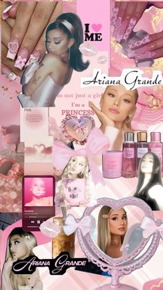 a collage of pink and white images