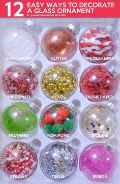 twelve easy ways to decorate a glass ornament with glitters and pom - poms