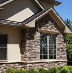 a stone house with two windows in the front