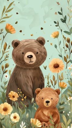 two brown bears sitting in the grass with flowers and butterflies around them, one bear has his head turned to the side