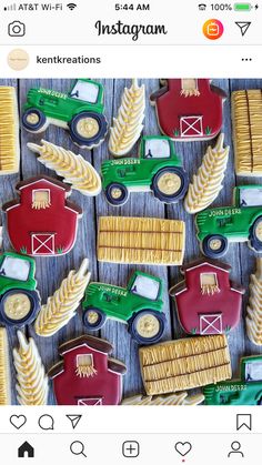 cookies decorated like farm trucks and tractors are displayed on a wooden table with the words instagram