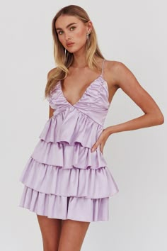 Heavenly Bliss Ruffle Mini Dress Lilac by Selfie Leslie Satin Hoco Dress, Hoco Dresses Green, Hoco Dresses Red, Mini Prom Dresses, Dress Lilac, Grey Bridesmaid Dresses, Tiered Ruffle Skirt, Burgundy Bridesmaid Dresses, Romantic Date