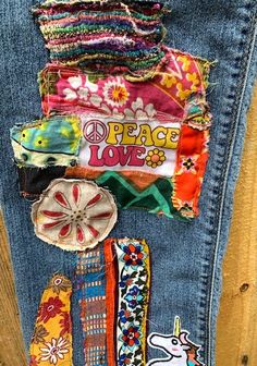 Patched Jeans Diy, Patches On Jeans, Midnight Society, Bleached Flannel Shirt, Hippie Jeans, Patched Denim Jeans, Denim Embroidery, Patch Jeans, Blue Jeans Crafts