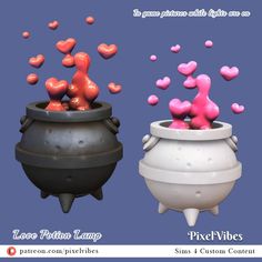 two pots with hearts floating out of them