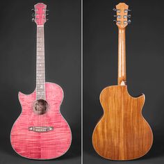 two guitars side by side, one is pink and the other is red with white strings