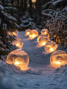 lighted snow globes in the middle of a snowy path