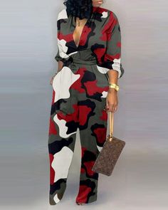 Camouflage Jumpsuit, Club Jumpsuit, Camouflage Fashion, Classy Jumpsuit, Beautiful Jumpsuits, Afrikaanse Mode, Red One Piece, Camo Fashion, Red Jumpsuit