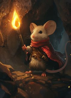 Cute Mouse Knight with Torch in Dark Cave Mouse Knight, Brown Mouse, Red Cloak, Dark Cave, Inspirational Digital Art, Mouse Illustration, White Mouse, Ace Of Hearts, Tattoo Illustration