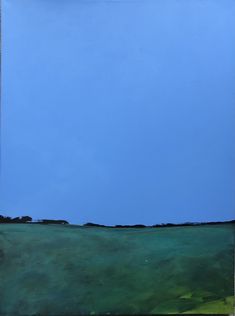 an abstract painting of green and blue water with trees in the distance on a clear day