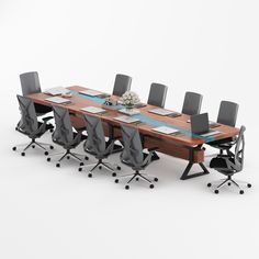 a long table with chairs and a vase on top is shown in front of a white background