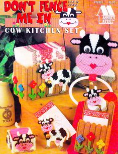 an advertisement for the cow kitchen set with knitted animals on it's sides