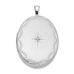 Sterling Silver Rhodium-plated 26mm with Diamond Star and Border Oval Locke, Jewelry, Pendants & Charms, Lockets, Oval Lockets, Material: Primary - Purity:925|Stone Type_1:Diamond|Length of Item:31 mm|Plating:Rhodium|Stone Weight_1:0.010 ctw (total weight)|Charm/Element Thickness:20 mm|Feature:Solid|Manufacturing Process:Die Struck|Material: Primary:Sterling Silver|Item Weight U/M:gm|Width of Item:20 mm|Product Type:Jewelry|Jewelry Type:Pendants & Charms|Sold By Unit:Each|Pendant/Charm Type:Locket|Bail Width:2 mm|Material: Primary - Color:White|Bail Length:4 mm|Plating Color:Silver Tone|Stone Creation Method_1:Natural Size: Length: 31 inch - Width: 20 mm.  Color: Metal Type.  Gender: unisex.  Age Group: adult. Photo Locket Necklace, Oval Locket, Silver Picture Frames, Jewelry Lockets, Locket Charms, Photo Locket, Diamond Star, Fine Jewelry Gift, Fine Jewellery Necklace