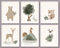 four pictures of animals and trees on white paper