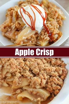 apple crisp with ice cream and caramel drizzle on top