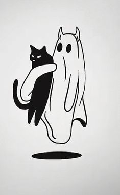 a black and white drawing of a cat chasing a ghost with its tail in the air