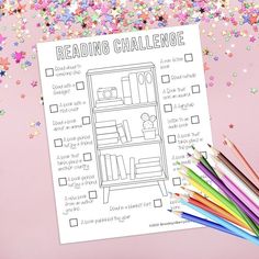 the reading challenge printable is next to colored pencils on a pink background with confetti