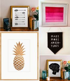 four different pictures with pineapples and other things in them on the shelf next to each other