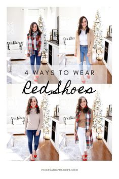 4 Ways to Wear Red Shoes | Petite Style | Pumps & Push Ups Outfits With Red Pumps, How To Style Red Flats, How To Wear Red Shoes, Red Shoes Outfit Casual, Red Shoes Outfits For Women, Outfits With Red Shoes, Army Green Outfit