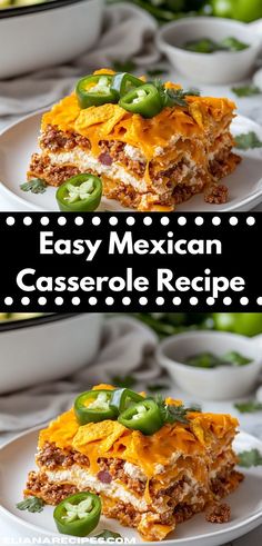 easy mexican casserole recipe on a white plate with green peppers in the background