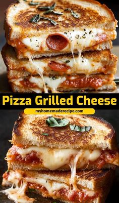 three different types of grilled cheese stacked on top of each other with the words, pizza grilled cheese