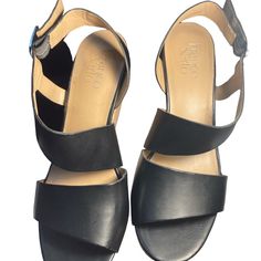 Black Black Sandals With Removable Insole For Work, Black High Heel With Leather Footbed, Black High Heel Heels With Leather Footbed, Black High Heels With Leather Footbed, Black Leather Sandals For Work, Black Sandals With Leather Footbed And Block Heel, Black Strappy Wedges, Gold Strappy Sandals, Wedges Black